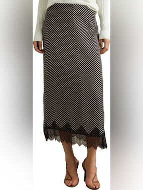 Ivy Black/Ivory Striped Lace Trim Midi Skirt